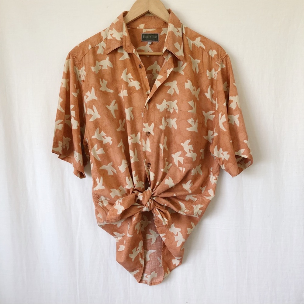 Vintage Mens HUNT CLUB Orange Cream Bird Button Up Cotton Rayon Shirt Size L - Picture 2 of 11